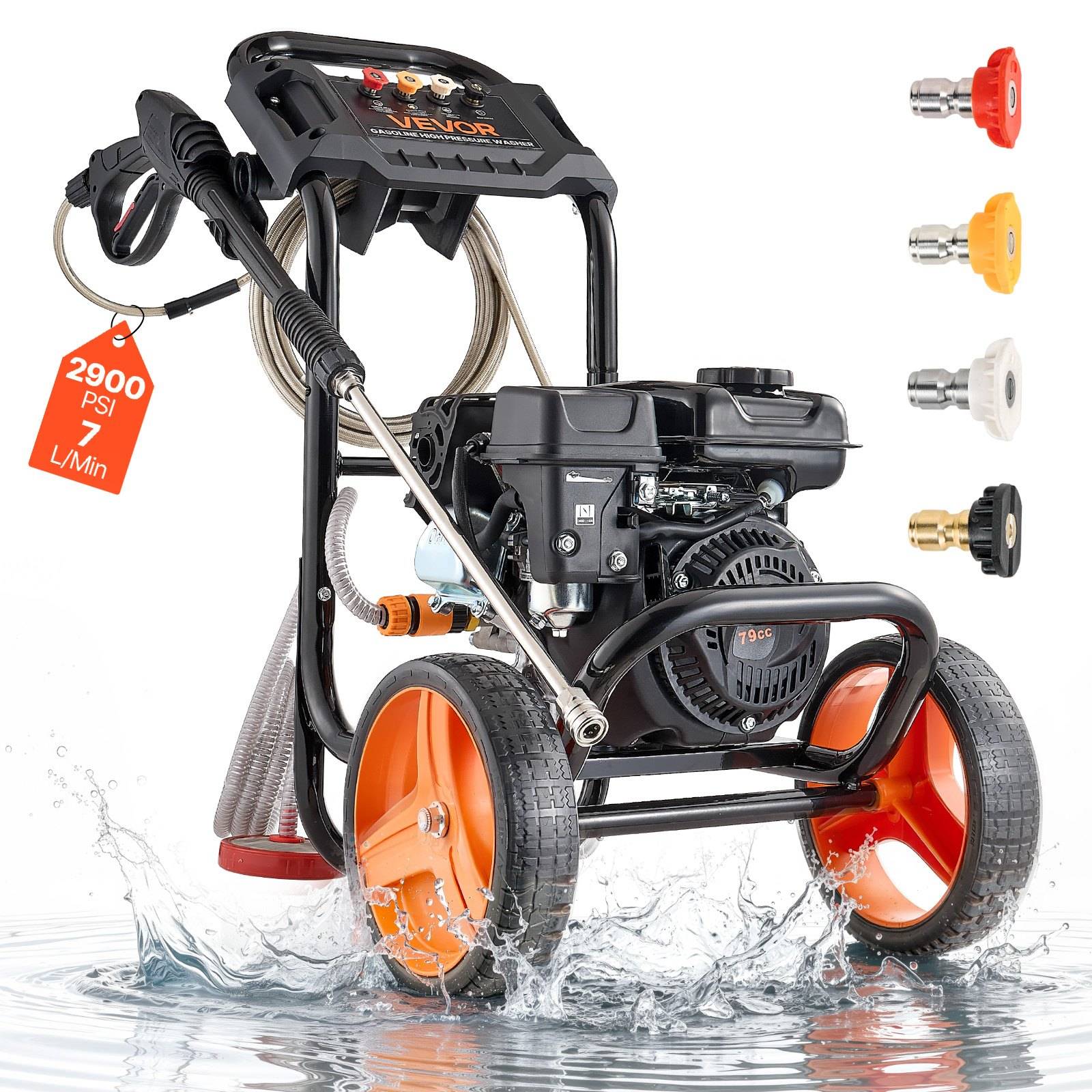 VEVOR Πλυστικό Μηχάνημα Υψηλής Πίεσης 2900 PSI 7 L/min, Βενζινοκίνητο Πλυστικό Υψηλής Πίεσης Χαμηλού Προφίλ με Αντλία Αλουμινίου, Λάστιχο 7,9 m, 4 Ακροφύσια, Τροχοί για Αυτοκίνητα Παράθυρα Τοίχους RYGYQXJLBWS71KND2001V0